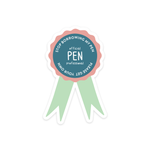 A sticker shaped like a ribbon badge that says "Stop borrowing my pen" at the top and "Please get your own" at the bottom. The middle says "Official Pen Professional"