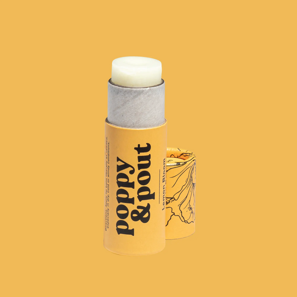 Image of an open bright yellow lip balm tube with the text "poppy and pout" on a yellow background