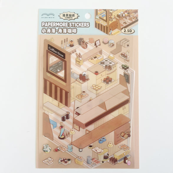 3D Coffee Shop Scene Sticker Sheet