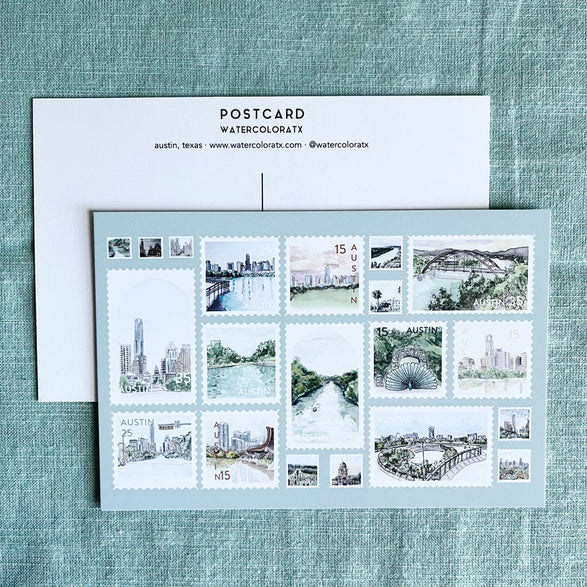 Austin Watercolor Postcard: Stamps