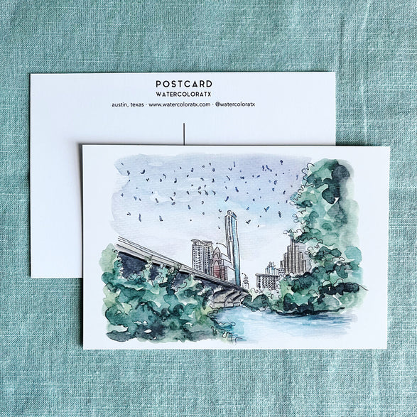 Austin Watercolor Postcard: Bats on Congress Bridge