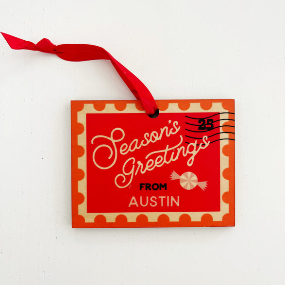 Red Season's Greetings Austin Postage Stamp Ornament