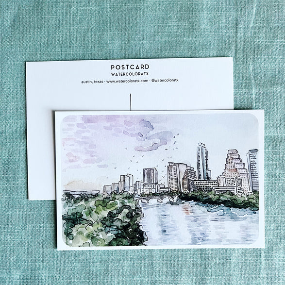 Austin Watercolor Postcard: Sunset Bats