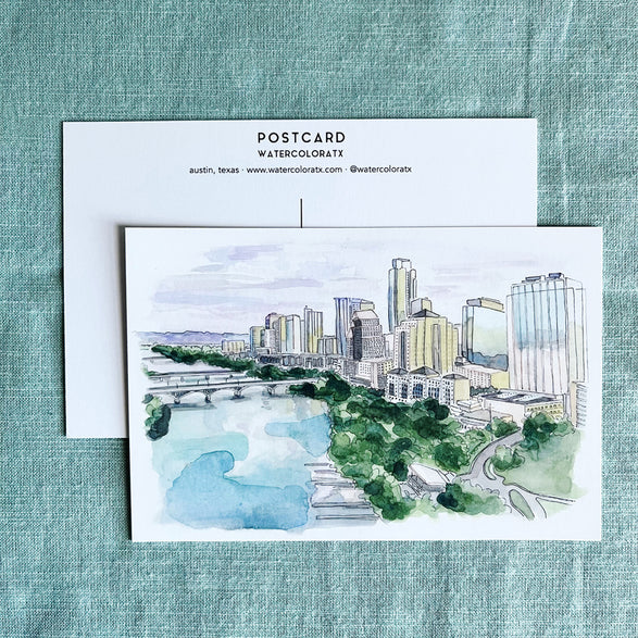 Austin Watercolor Postcard: Downtown Sunset