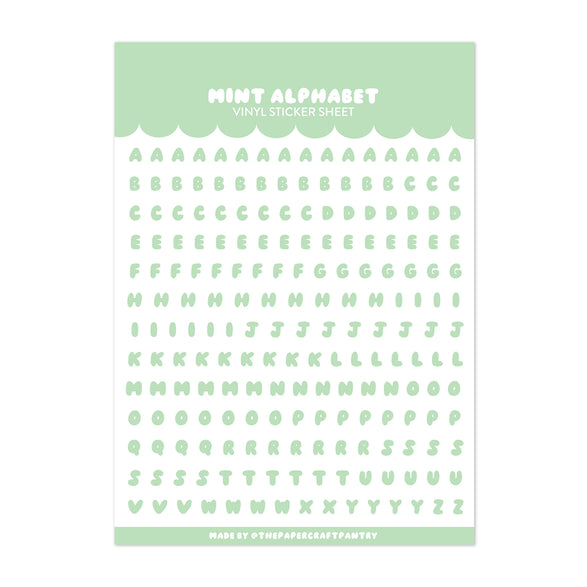 Mint green alphabet vinyl sticker sheet on a white background