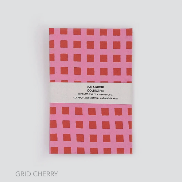 Japanese Handmade Paper Small Note Card Set - Grid Cherry