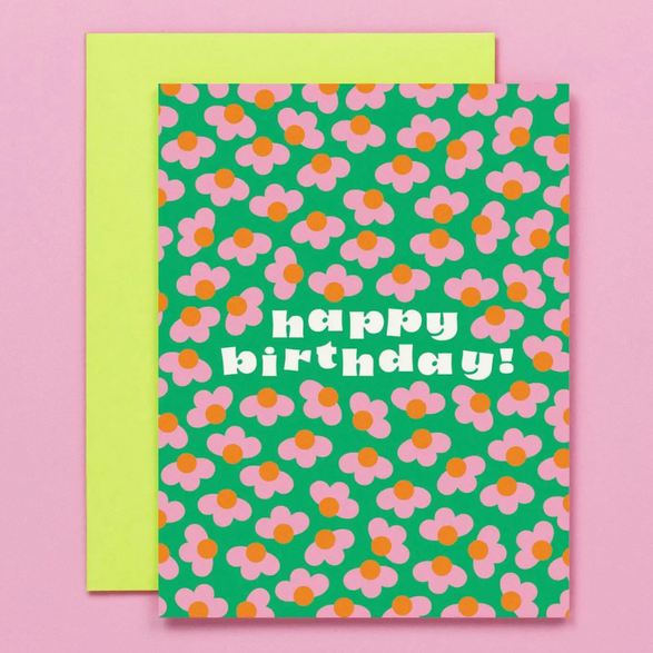 Happy Birthday Green + Pink Flowers