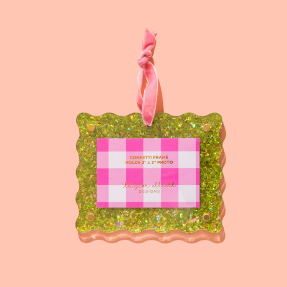 Confetti Frame Ornament - Green with Pink Ribbon