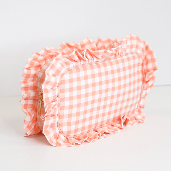 Peach Gingham Ruffle Pouch