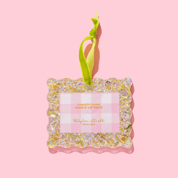 Confetti Frame Ornament - Pearl with Green Ribbon