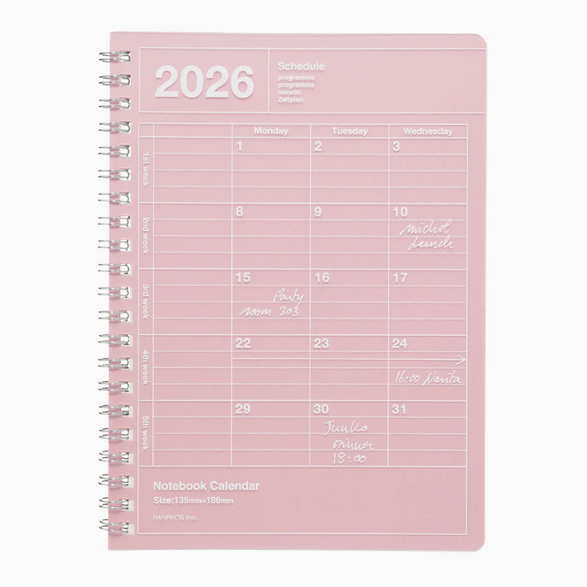 2026 Notebook Calendar - Pink (B6)