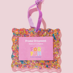 Confetti Frame Ornament - Pink with Purple Ribbon