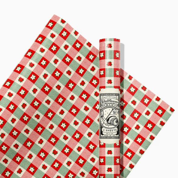 Wallflower Paper Party: Poinsettia Plaid Gift Wrap - Roll of 3