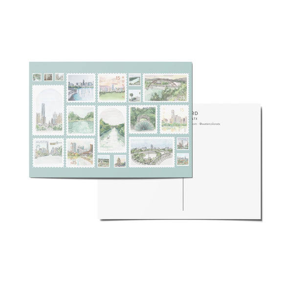 Austin Watercolor Postcard: Stamps