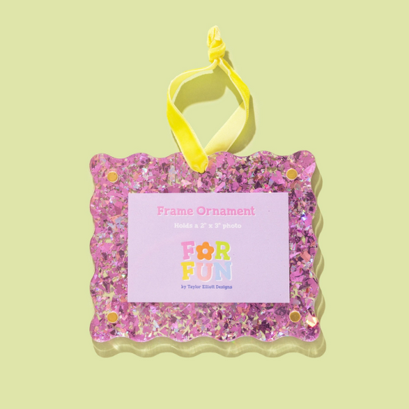 Confetti Frame Ornament - Purple with Yellow Ribbon