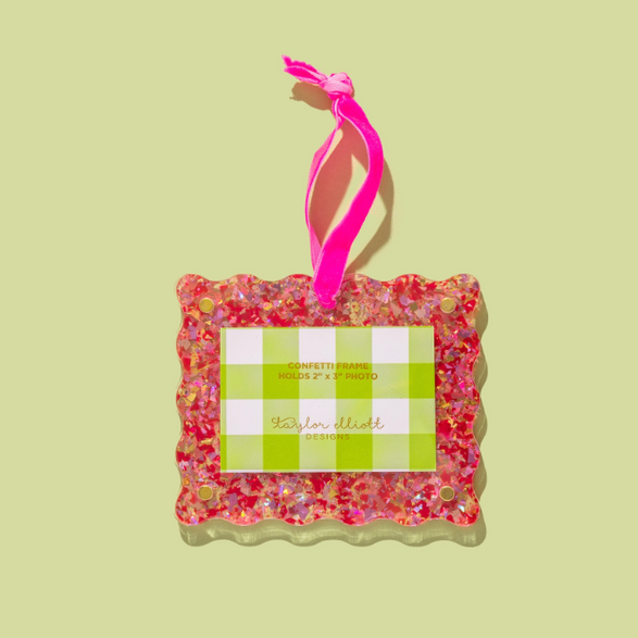 Confetti Frame Ornament - Red with Pink Ribbon