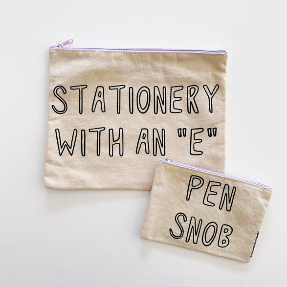 Large Cotton Canvas Pouch: Lilac Stationery With An "E"