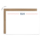 Image of a white flat note card with a kraft brown envelope. The card features a two coral lines with example initials in the middle of the lines.