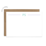 Image of a white flat note card with a kraft brown envelope. The card features a two lilac lines with example initials in the middle of the lines.