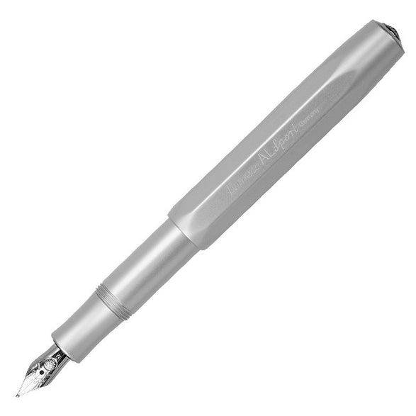 An image of an open silver Kaweco AL Sport Fountain Pen with text "Kaweco AL Sport Germany" on the side