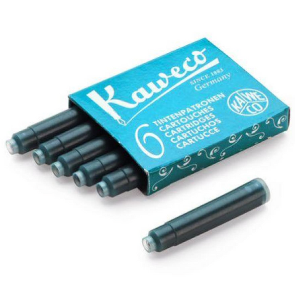 An image of an open box of 6 turquoise Kaweco Fountain Pen ink refills