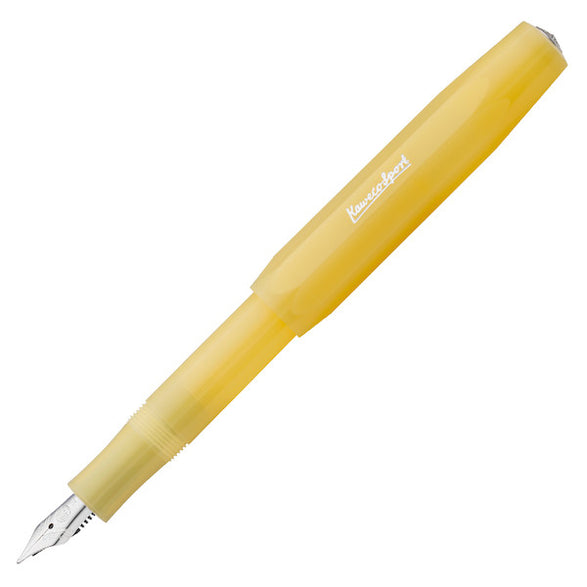 An image of a yellow Kaweco frosted sport fountain pen with a silver nib