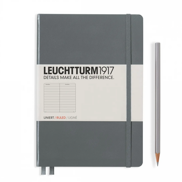 An image of a grey Leuchtturm notebook with lined paper and a silver pencil