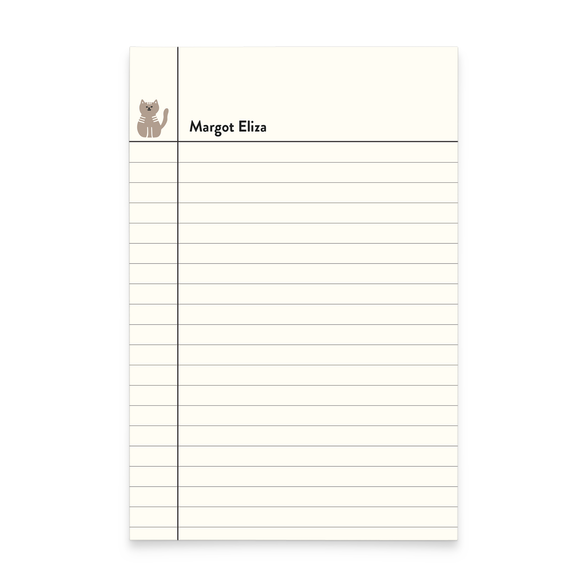 A photo of a lined notepad with an illustration of a gray cat in the top left corner and text that reads "Margot Eliza"