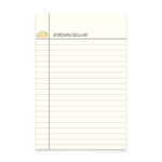 A photo of a lined notepad with an illustration of a taco in the top left corner and text that reads "Jordan Gellar"