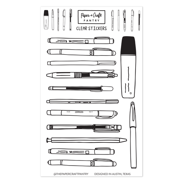 A sheet of stickers with different types of hand illustrated pens in black.