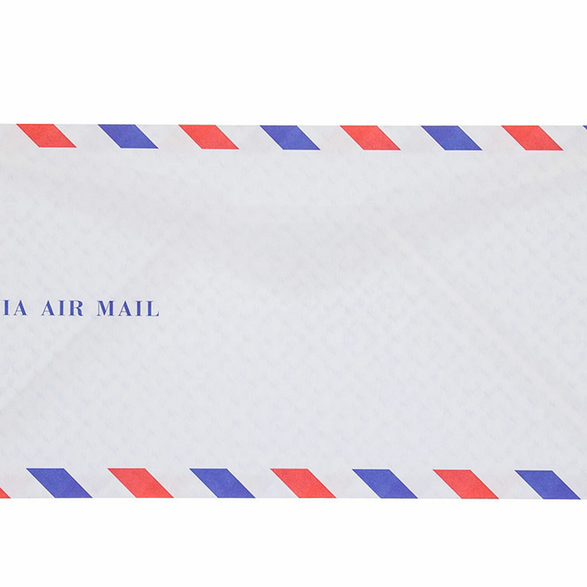 Image of envelope with red, white and blue striped border with text "via air mail" in all caps on the left side on white background