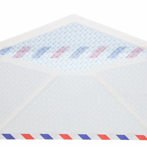 Image of the back of an envelope with red, white and blue striped border and an open flap on a white background