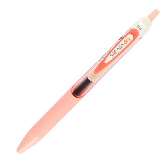 One peach click top pen with the words Sarasa Dry 04 on the clip. Pen has black ink.