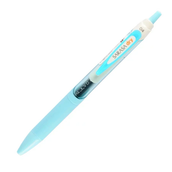 One light blue click top pen with the words Sarasa Dry 04 on the clip. Pen has black ink.