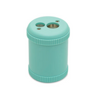 image of a pastel blue pencil sharpener with two different size openings on a white background