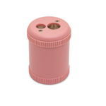 image of a pastel pink pencil sharpener with two different size openings on a white background