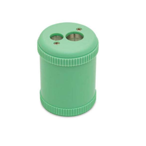 image of a mint green pencil sharpener with two different openings on a white background