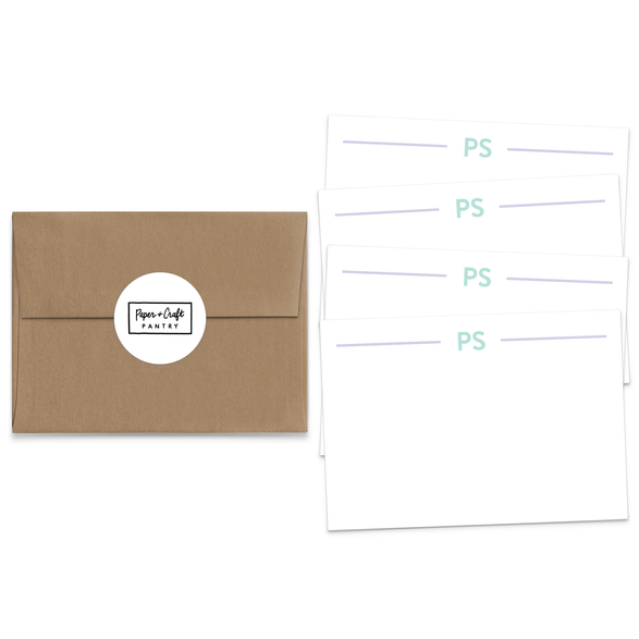 A kraft brown envelope with a sticker label on it next. Next to the envelopes are flat note cards with light purple stripes and the initials PS in the top middle of the notecards.