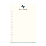 A photo of a notepad with an icon illustration of Texas and text that reads "Perry's To Do List" at the top with check boxes down the left side