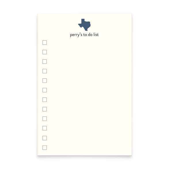 A photo of a notepad with an icon illustration of Texas and text that reads "Perry's To Do List" at the top with check boxes down the left side