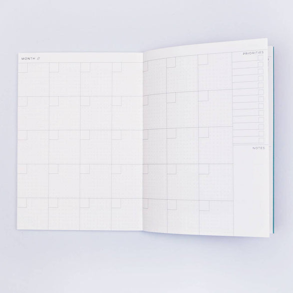 An image of an open weekly planner with a blank monthly layout and space to write priorities and notes on the side.