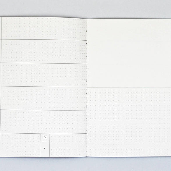 An image of an open weekly planner. The left page has the first letter of the days of the week written down the left side of the page and space to write your tasks. On the right page, the numbers 1 through 12 are on the right side of the page. The rest of the page is divided between blank space on top half and dot grid on the bottom half.