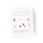 A box with text that reads "Daily Dose of Self Care: 32 Self Care Prompts to Help You Prioritize You" with illustrations of a person with a skincare mask on, a book with a pencil, a flower bouquet, a candle, a person practicing yoga, and a Chinese take out box