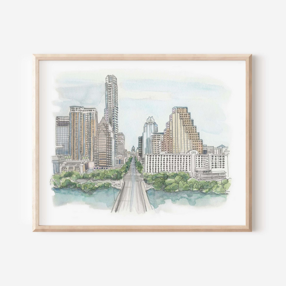 8x10 Watercolor Art Print: Daytime Congress Ave