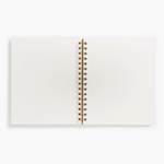 An image of an open notebook with lined pages and gold spiral binding
