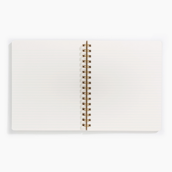 An image of an open notebook with lined pages and gold spiral binding