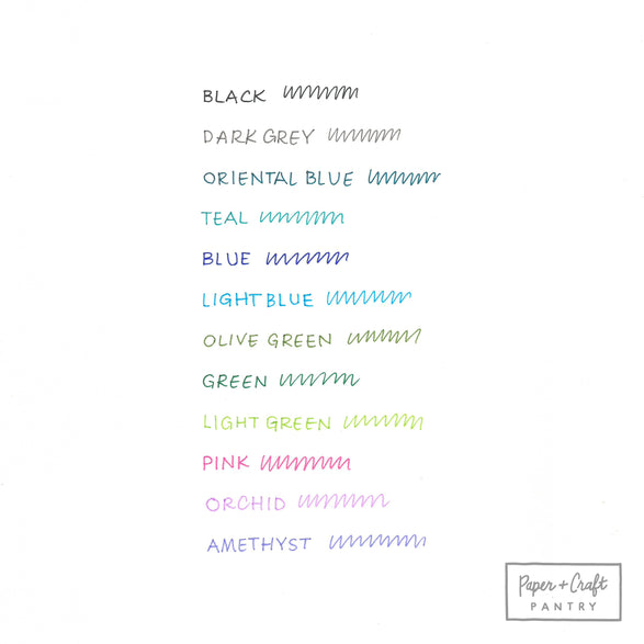 An image of color swatches from 12 le pens: black, dark grey, oriental blue, teal, blue, light blue, olive green, green, light green, pink, orchid, amethyst