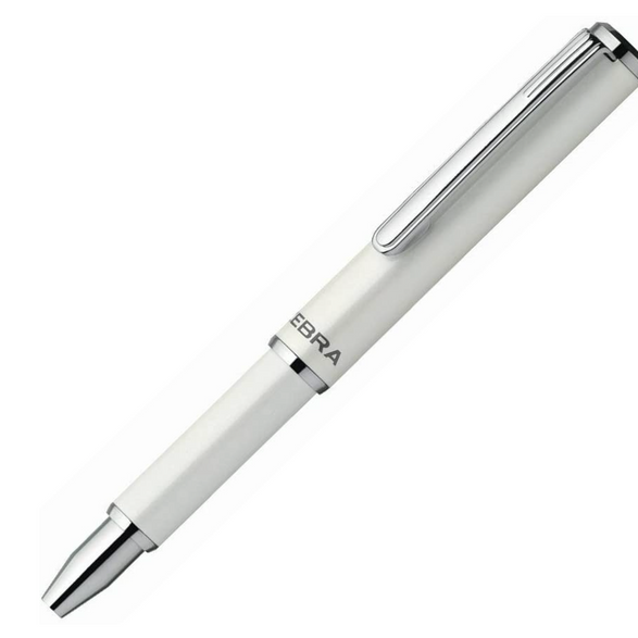 An image of a closed mini white zebra ball point pen. The pen has silver details and a silver pen clip.