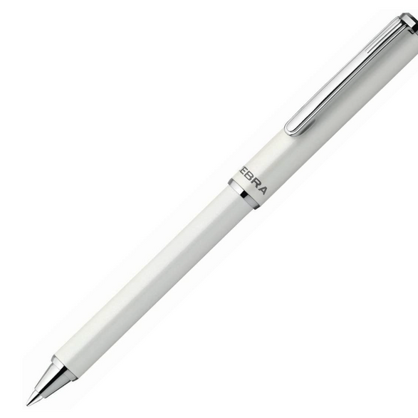 An image of an open white mini zebra ball point pen. The pen has silver details and a silver pen clip.