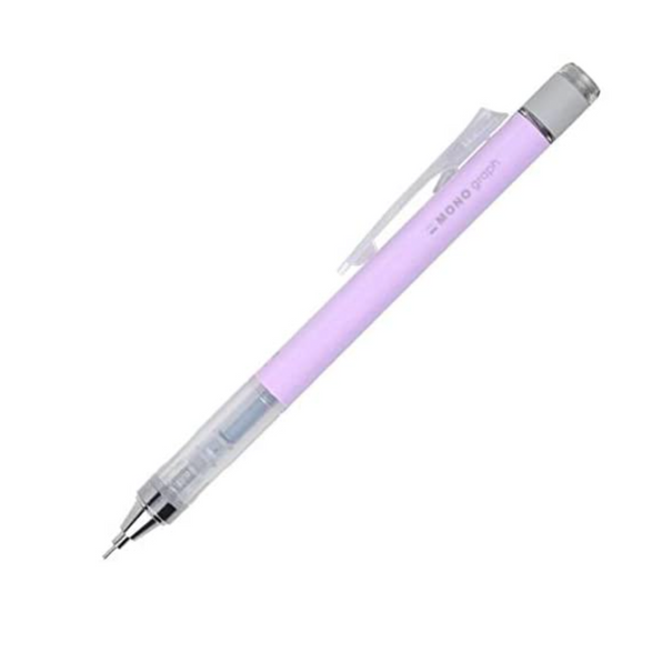 An image of a pastel lavender monograph pencil with a transparent pencil grip section and a pencil clip